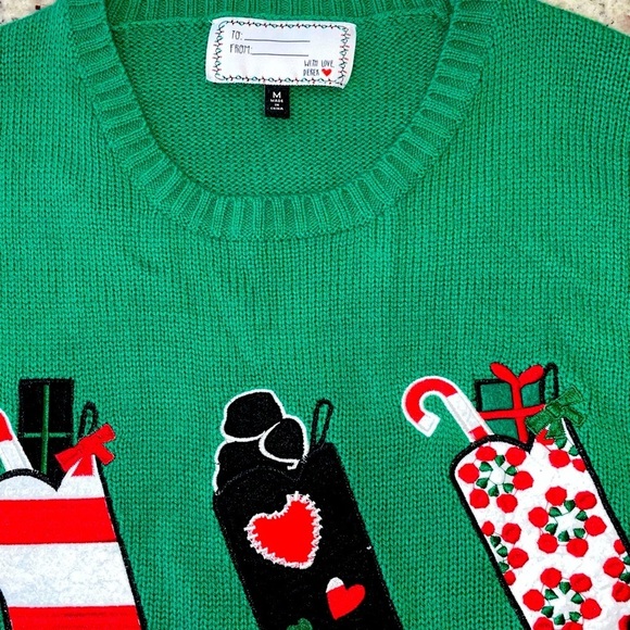 With Love, Derek Size M Naughty & Nice Appliquéd Sockings on Green Sweater - Picture 4 of 4
